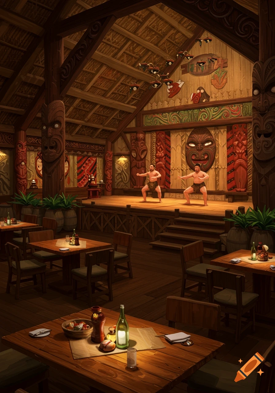 Two men perform a Haka dance on a stage in a dimly lit, ornately decorated Polynesian-themed restaurant with tables.