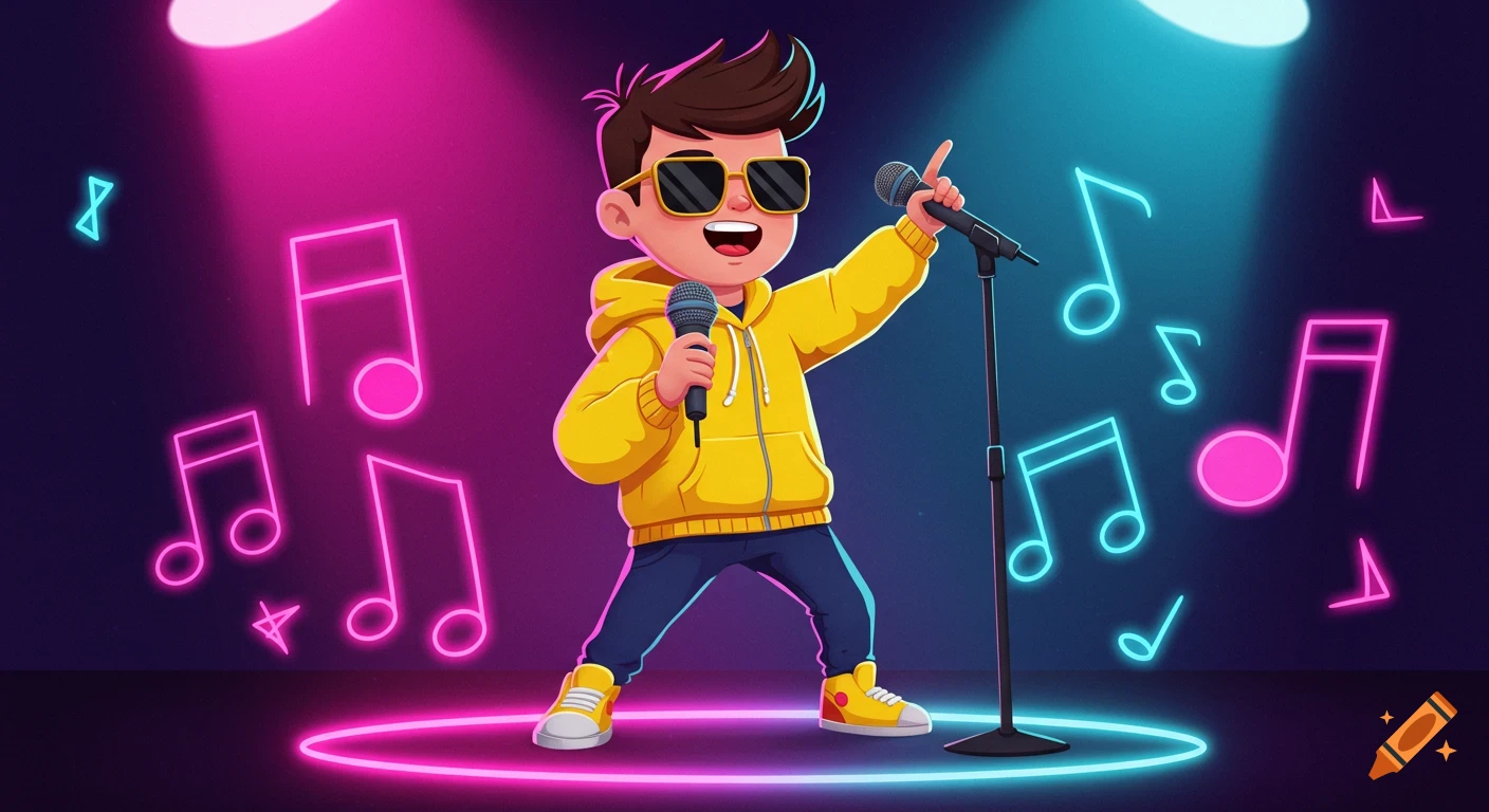 A cool cartoon kid in a yellow hoodie and sunglasses sings into a microphone on a neon-lit stage with musical notes.