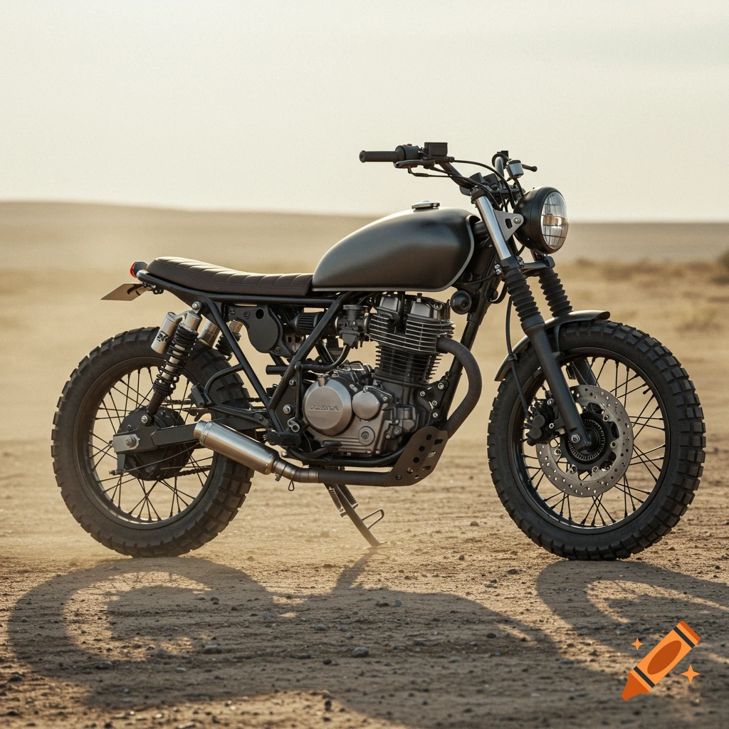 A matte black Honda scrambler motorcycle with knobby tires parked on a dusty desert road under warm sunlight.