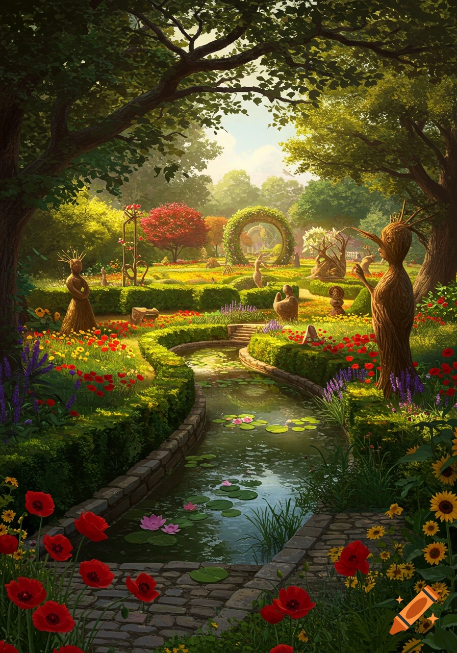 A vibrant, lush garden with a winding stream, colorful flowers, green hedges, and whimsical tree-like sculptures under dappled sunlight.