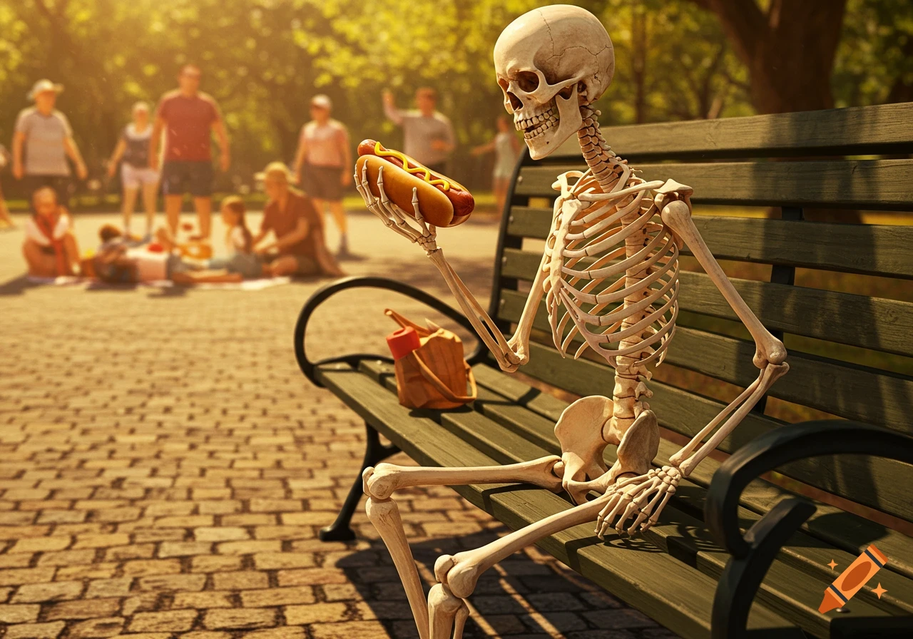 A photorealistic skeleton sits on a park bench eating a hotdog, with blurry people in the sunny background.