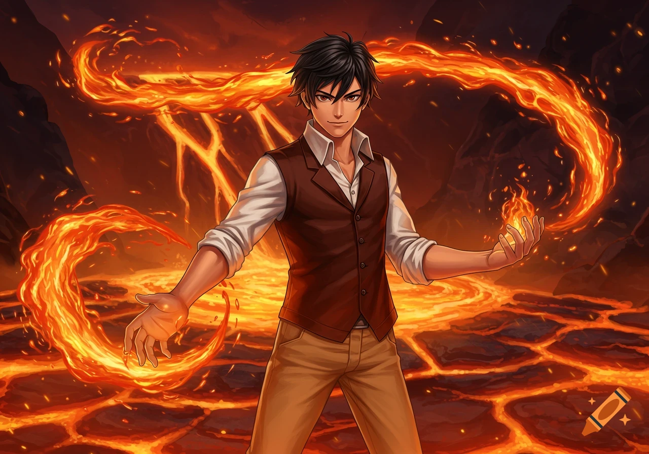 Anime man with dark hair in a vest and shirt, controlling fire and lava in a fiery landscape.