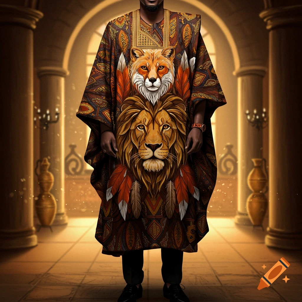 A man in an ornate African-style garment featuring a fox and lion design, standing in a grand hall with pillars.