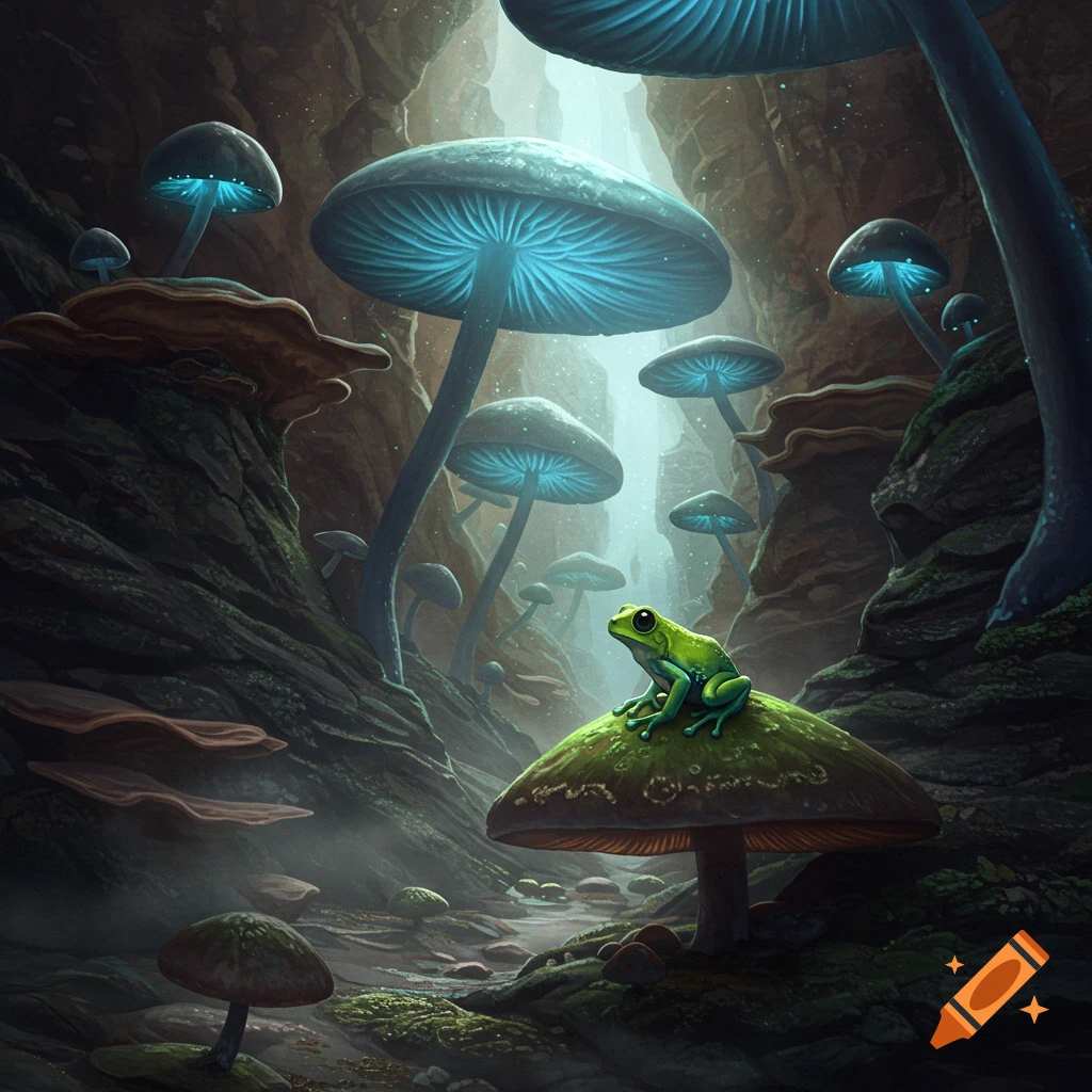 A bright green frog sits on a large mushroom in a dark fantasy canyon filled with many glowing blue mushrooms.