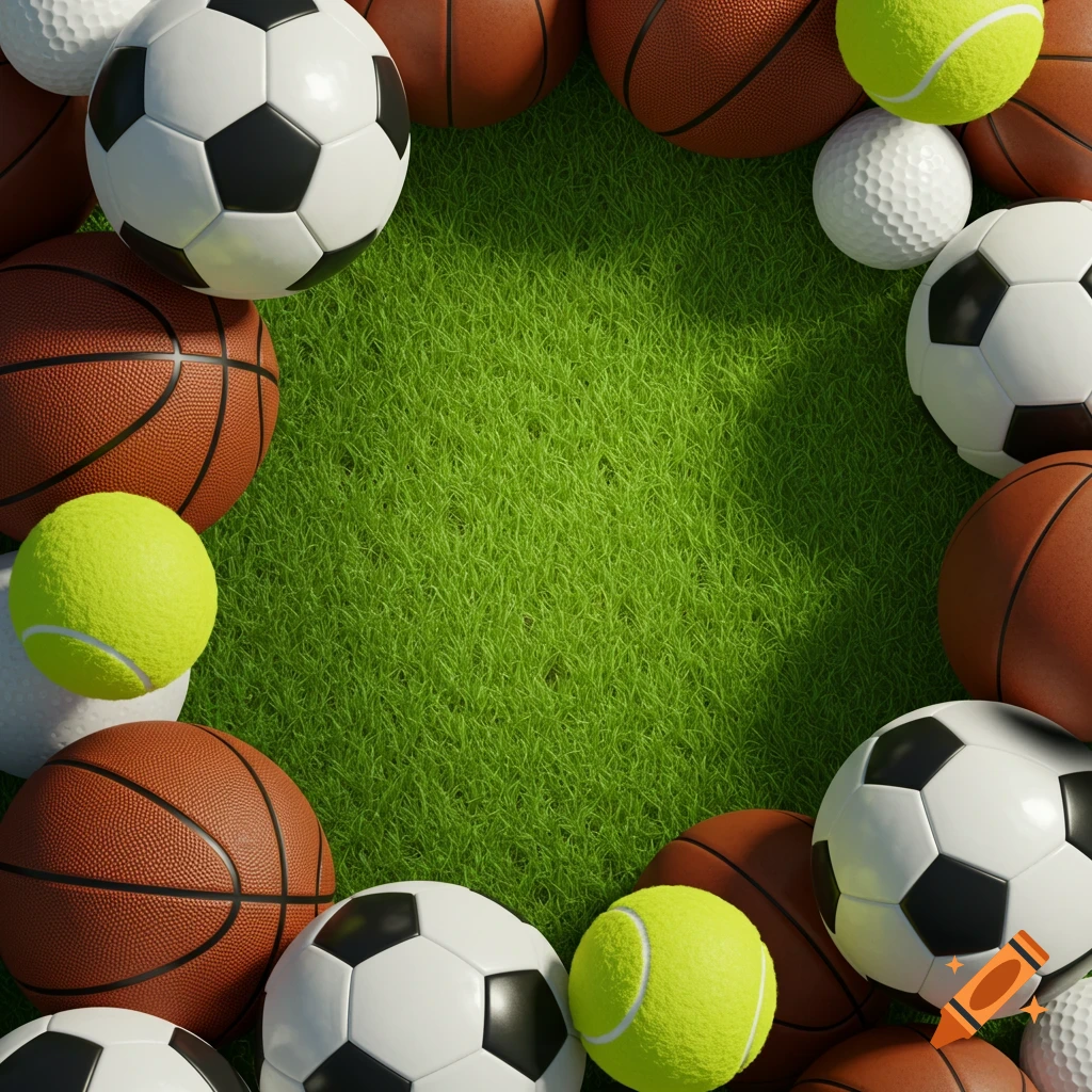 A circular arrangement of soccer balls, basketballs, tennis balls, and golf balls on green grass, with an empty center.