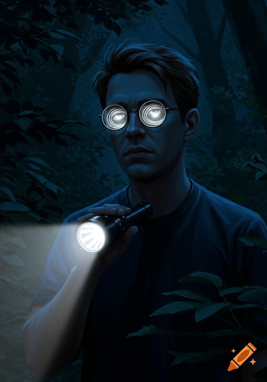 A man wearing glasses with glowing reflections holds a flashlight in a dark, mysterious forest with blue lighting.