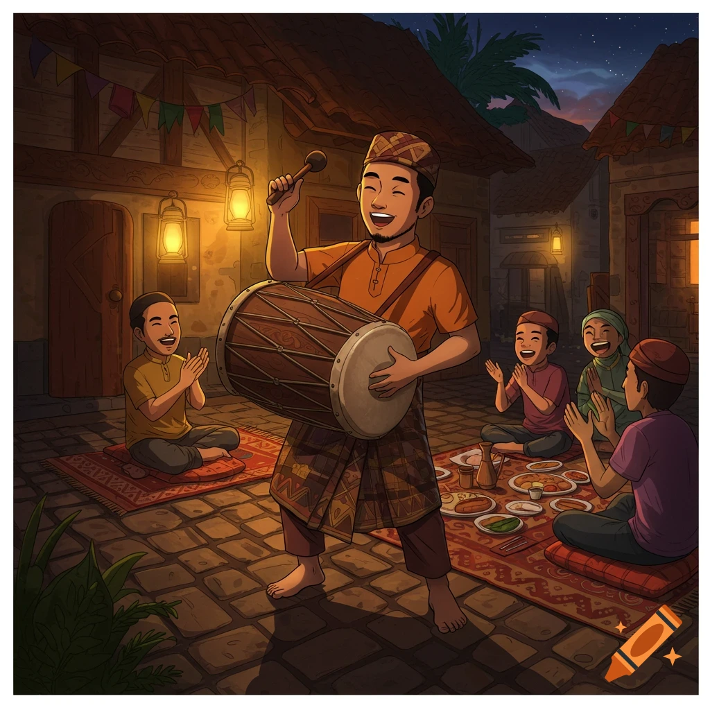 A joyful man plays a drum and sings, surrounded by other men and boys clapping and eating at night in a cartoon village scene.
