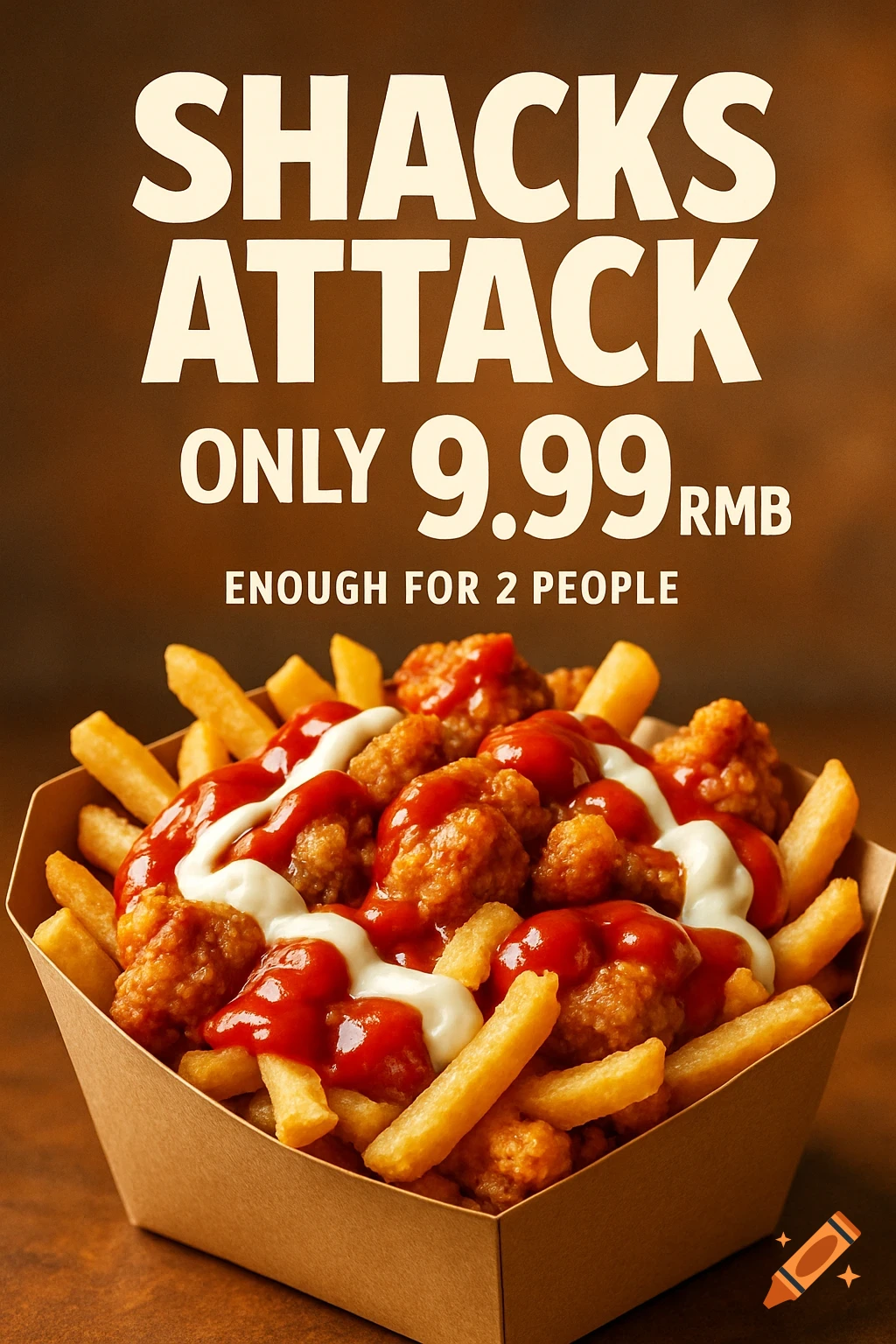 A photorealistic food poster of a box of French fries and fried chicken, topped with ketchup and mayonnaise. Text: 'SHACKS ATTACK ONLY 9.99 RMB ENOUGH FOR 2 PEOPLE'.