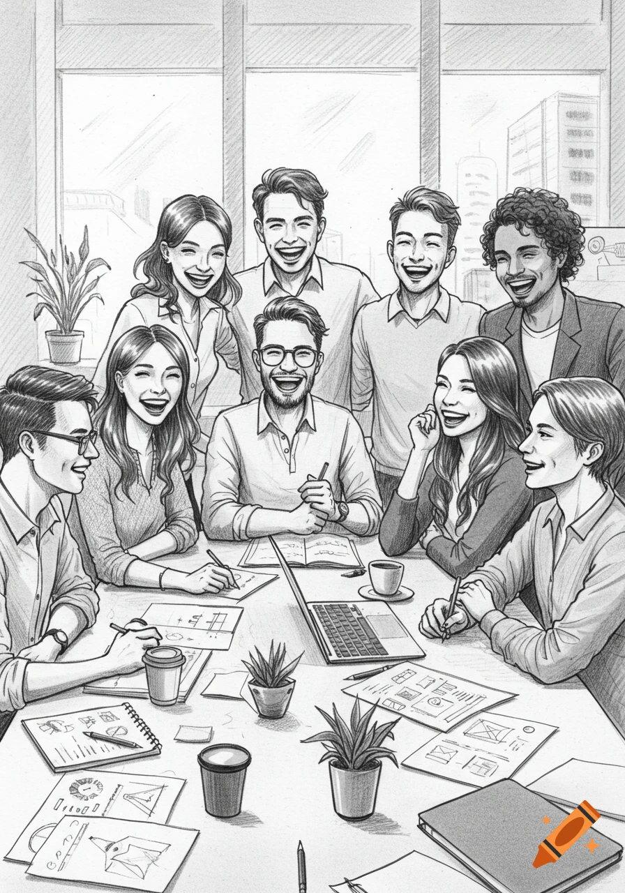 A joyful group of diverse people laughing and smiling around a meeting table in an office, rendered in a pencil sketch style.