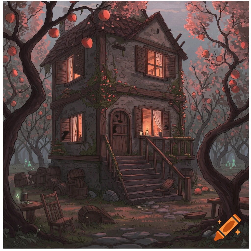 A detailed illustration of an old, abandoned stone house with glowing windows in an overgrown peach orchard at dusk.