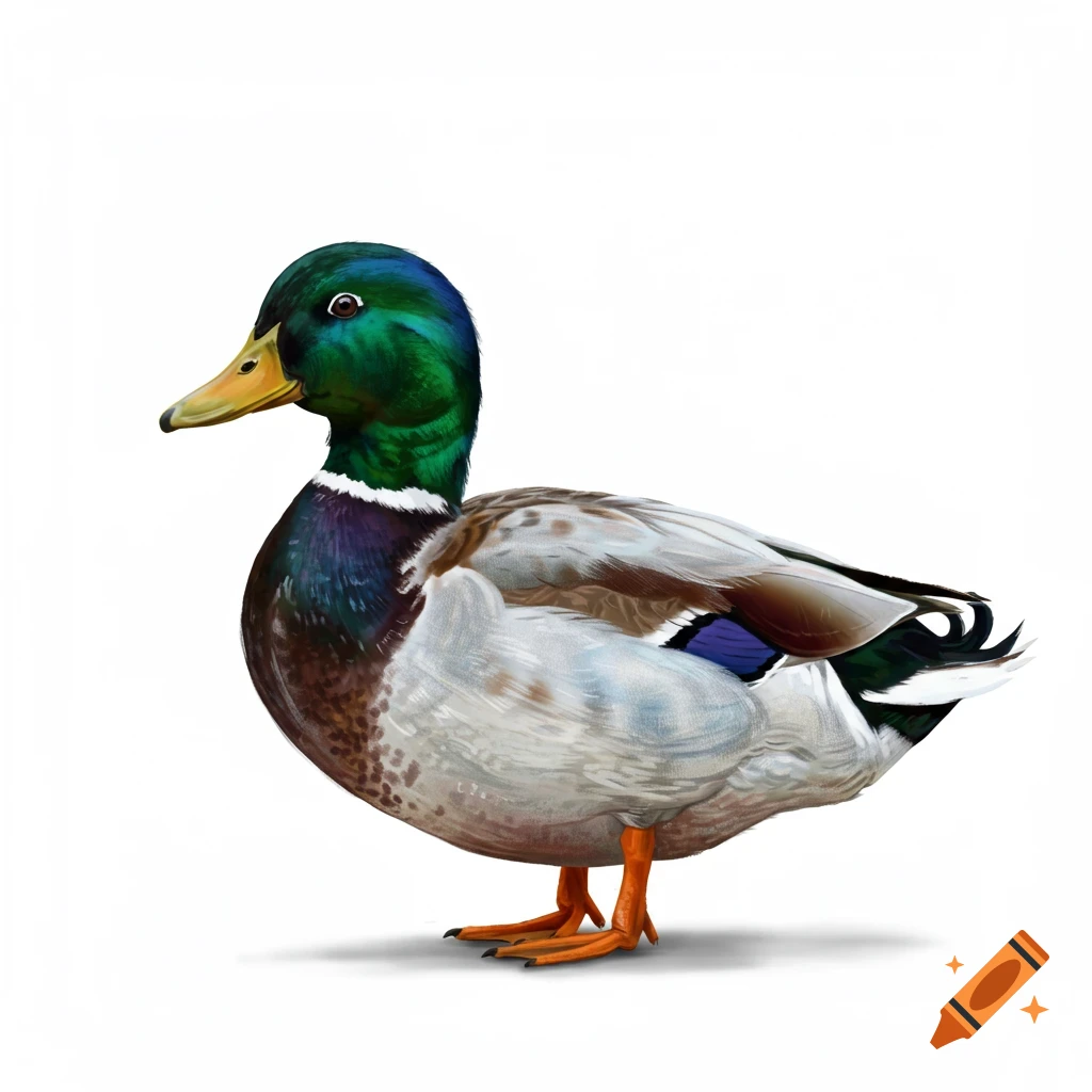 A realistic illustration of a male mallard duck with a green head and brown, white, and gray body feathers, standing on a white background.