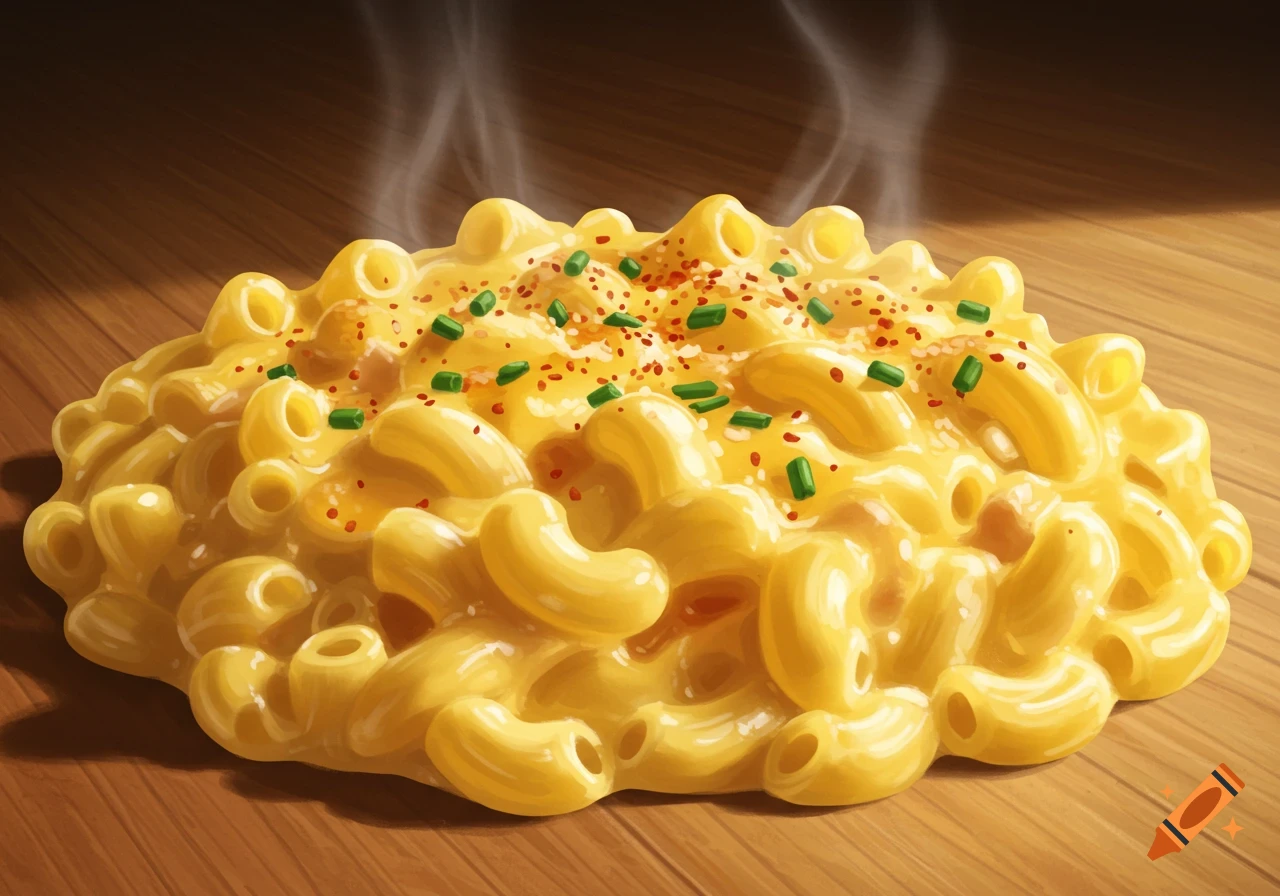 Steaming mac and cheese with chopped chives and red pepper flakes on a wooden table.