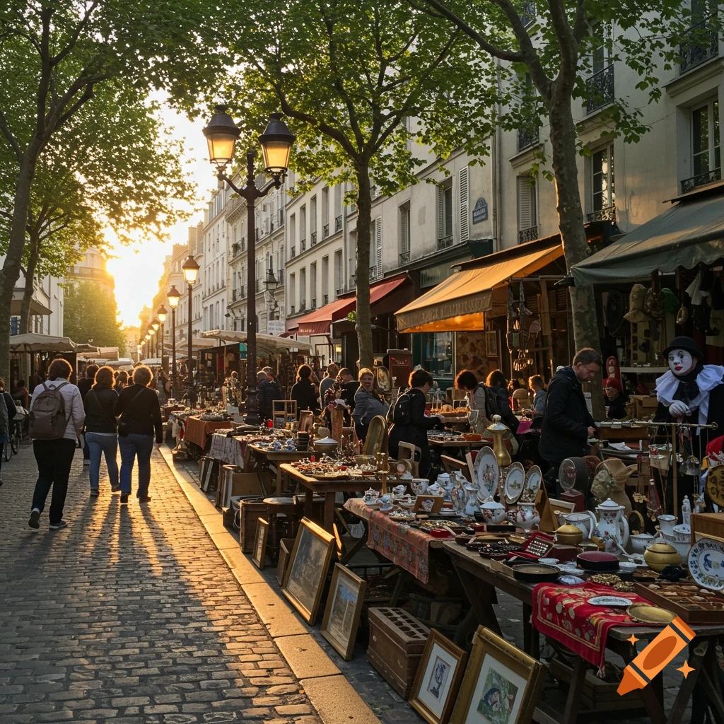 Golden hour light bathes a busy flea market street in Paris, where people browse stalls of antiques and goods.