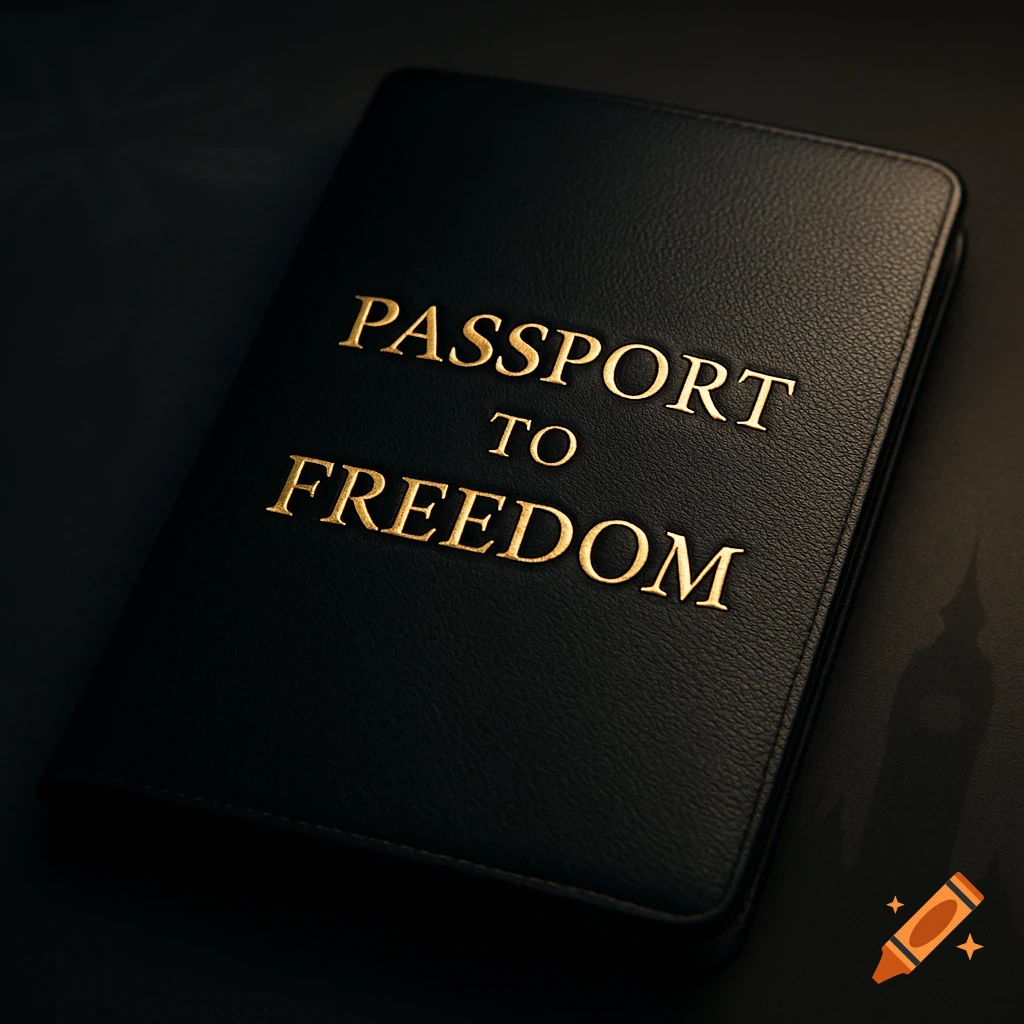 Close-up of a black passport cover with 'PASSPORT TO FREEDOM' written in gold letters.