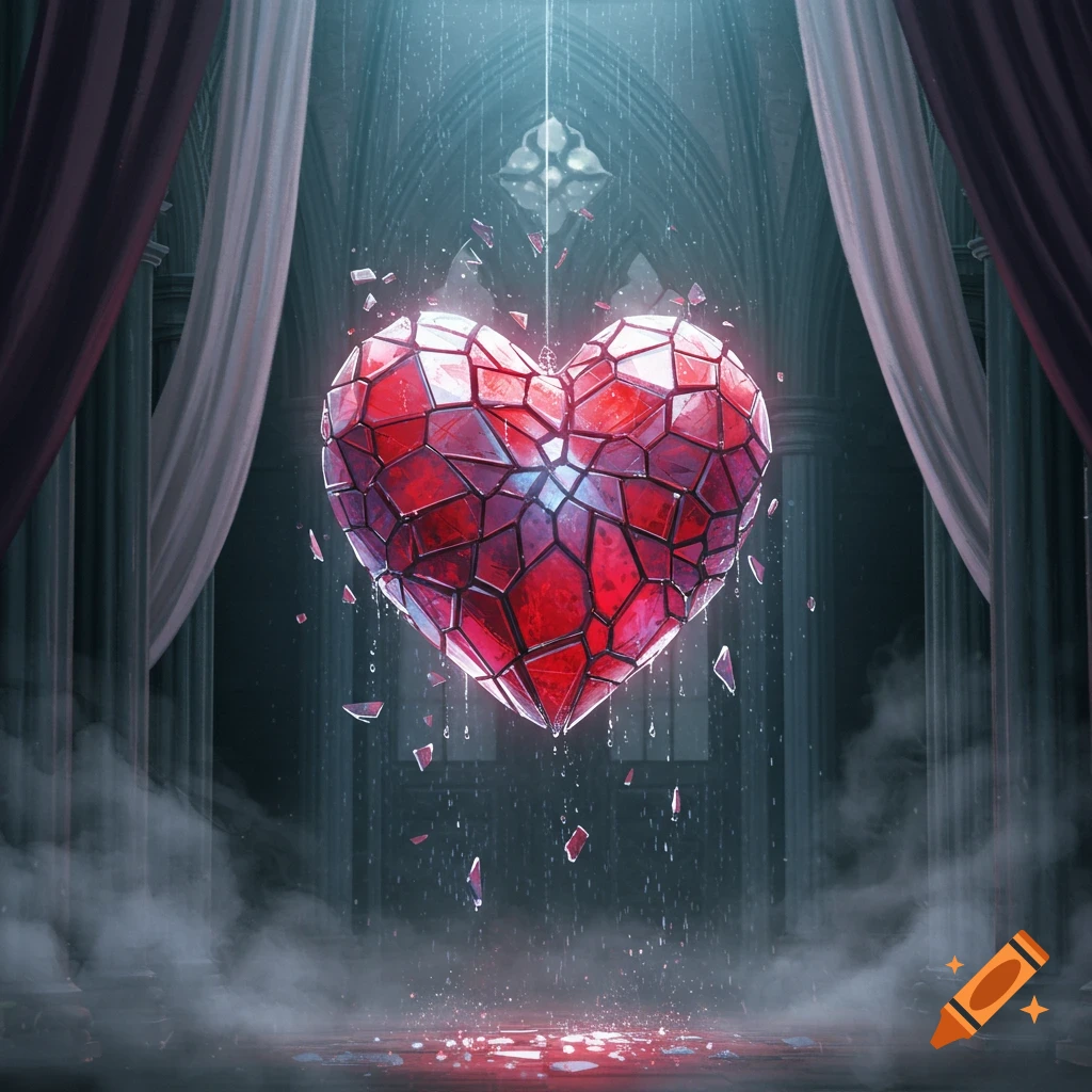 A glowing, shattered red crystalline heart floats in a dark, gothic archway, surrounded by mist and falling shards.
