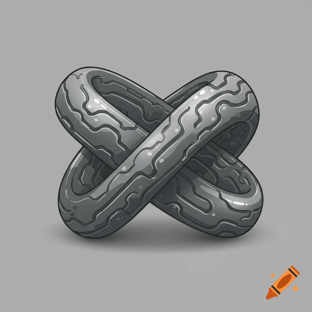 Isometric illustration of two gray metallic intertwined rings with internal channels on a gray background.