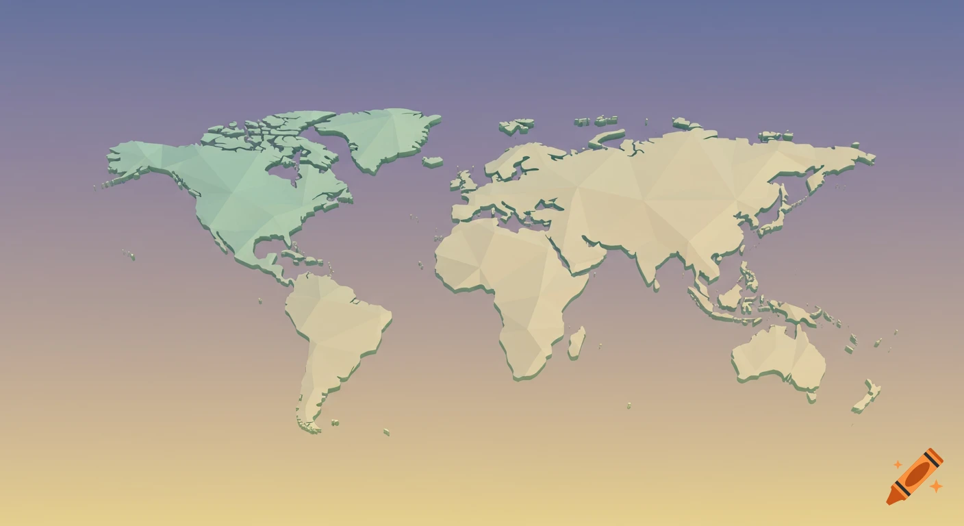 A simple low-poly world map with continents in green and beige against a purple to yellow gradient background.