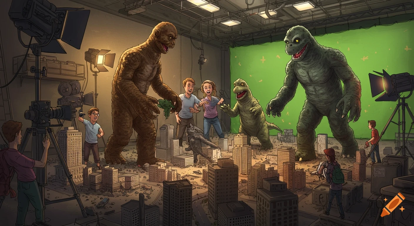 Cartoon illustration of people in a film studio creating a monster movie with puppets, a miniature city, green screen, and film equipment.