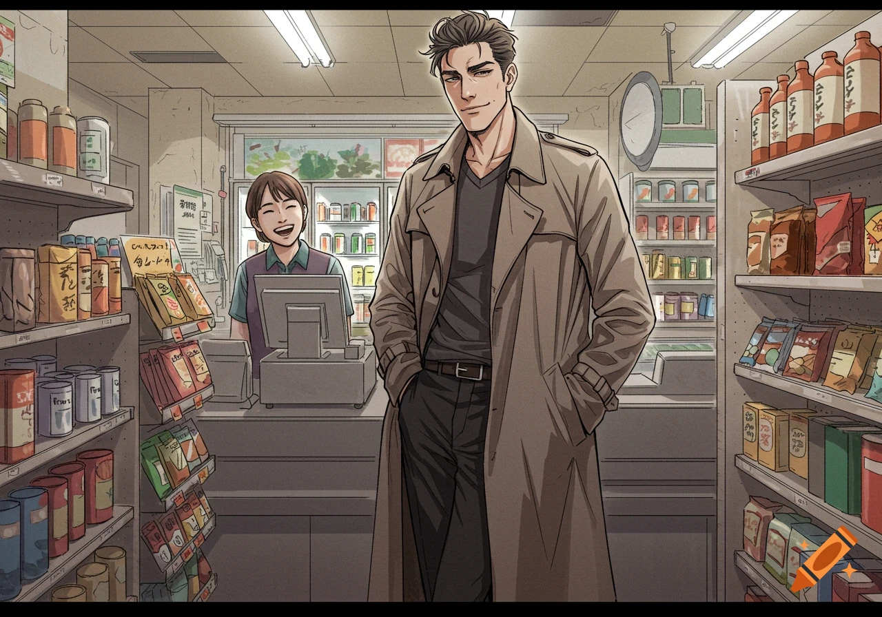 A manga-style drawing of a man in a trench coat smiling in a convenience store with a cashier in the background.
