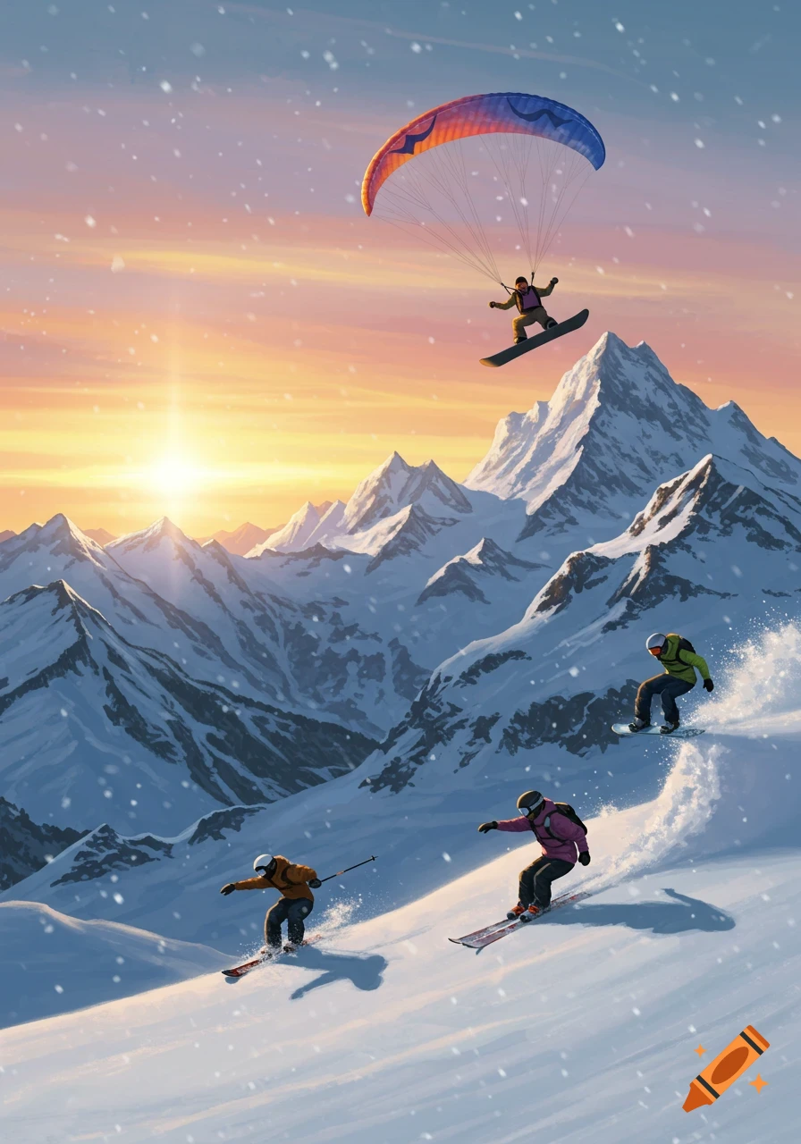 Dynamic illustration of skiers, snowboarders, and a paraglider descending a snowy mountain range at sunset.