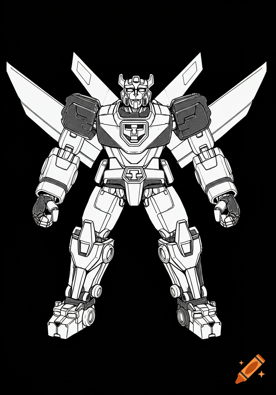 Black and white vector illustration of Lion Force Voltron, a humanoid robot with wings, standing against a black background.