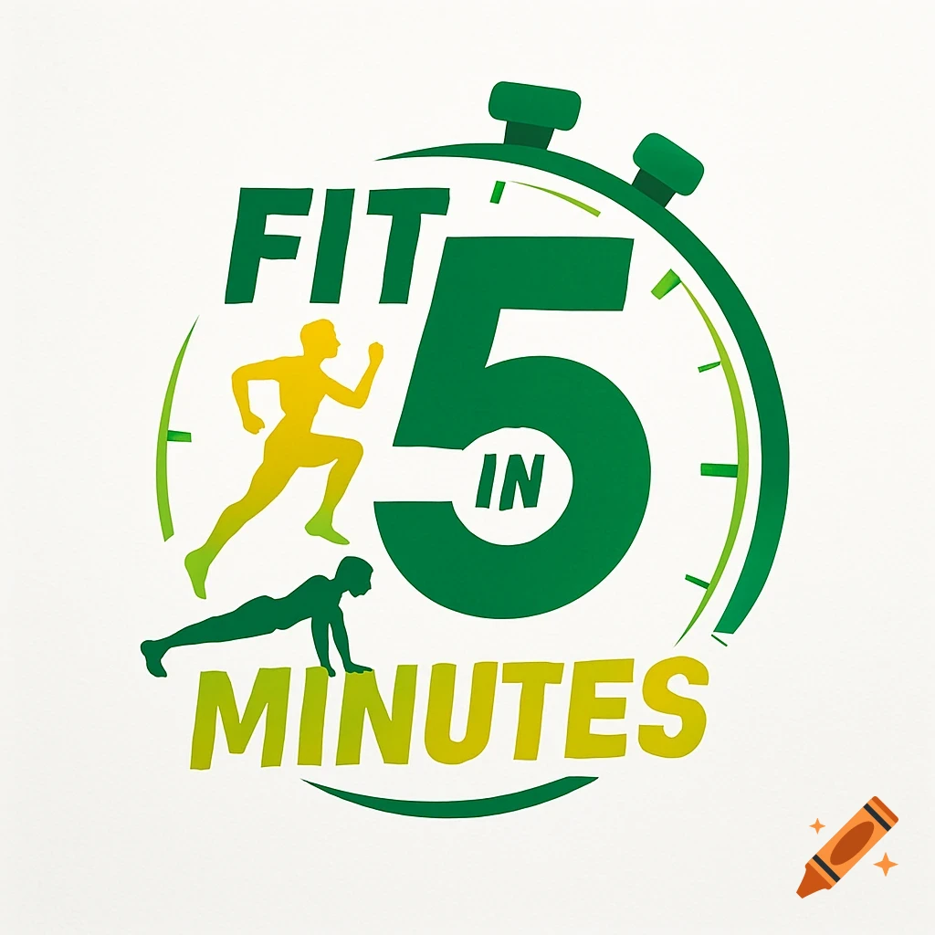 Green and yellow 'Fit in 5 Minutes' logo featuring a runner, a person doing push-ups, and a stopwatch.