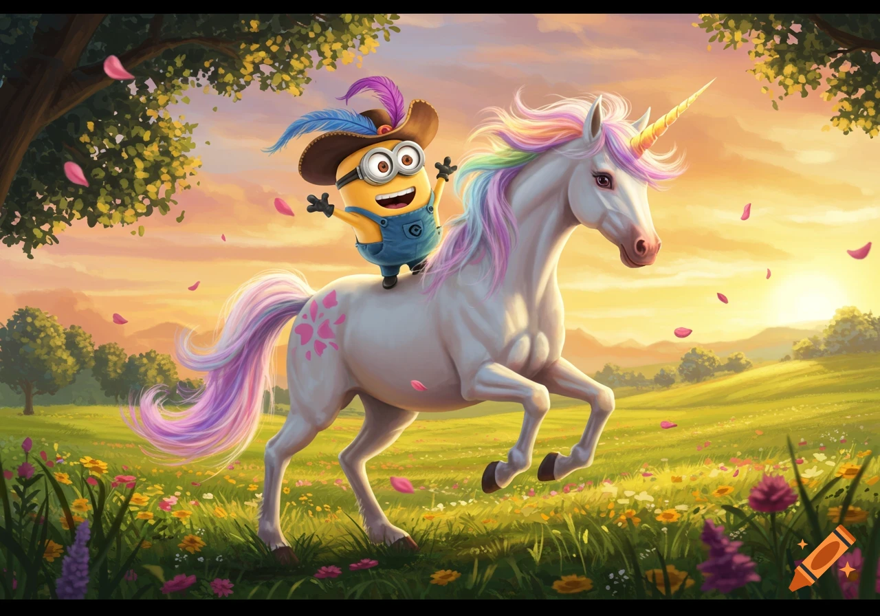 A cartoon Minion in a feathered hat rides a rainbow-maned unicorn through a sunny, flower-filled meadow.