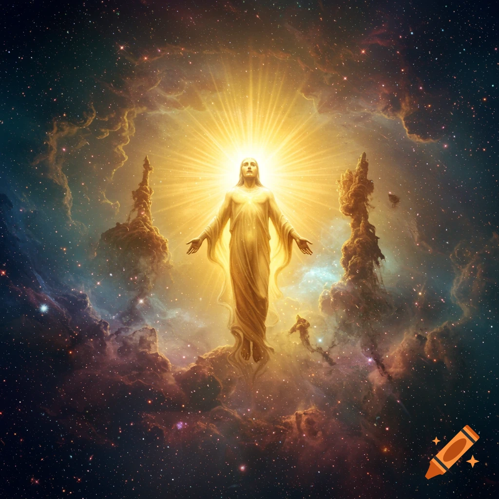 A majestic, glowing figure resembling Jesus ascends in a vibrant cosmic nebula filled with stars.