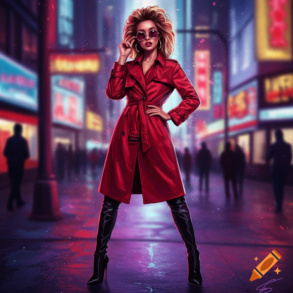 Stylish woman in a red trench coat and boots poses confidently on a neon-lit city street, adjusting sunglasses. Digital art.