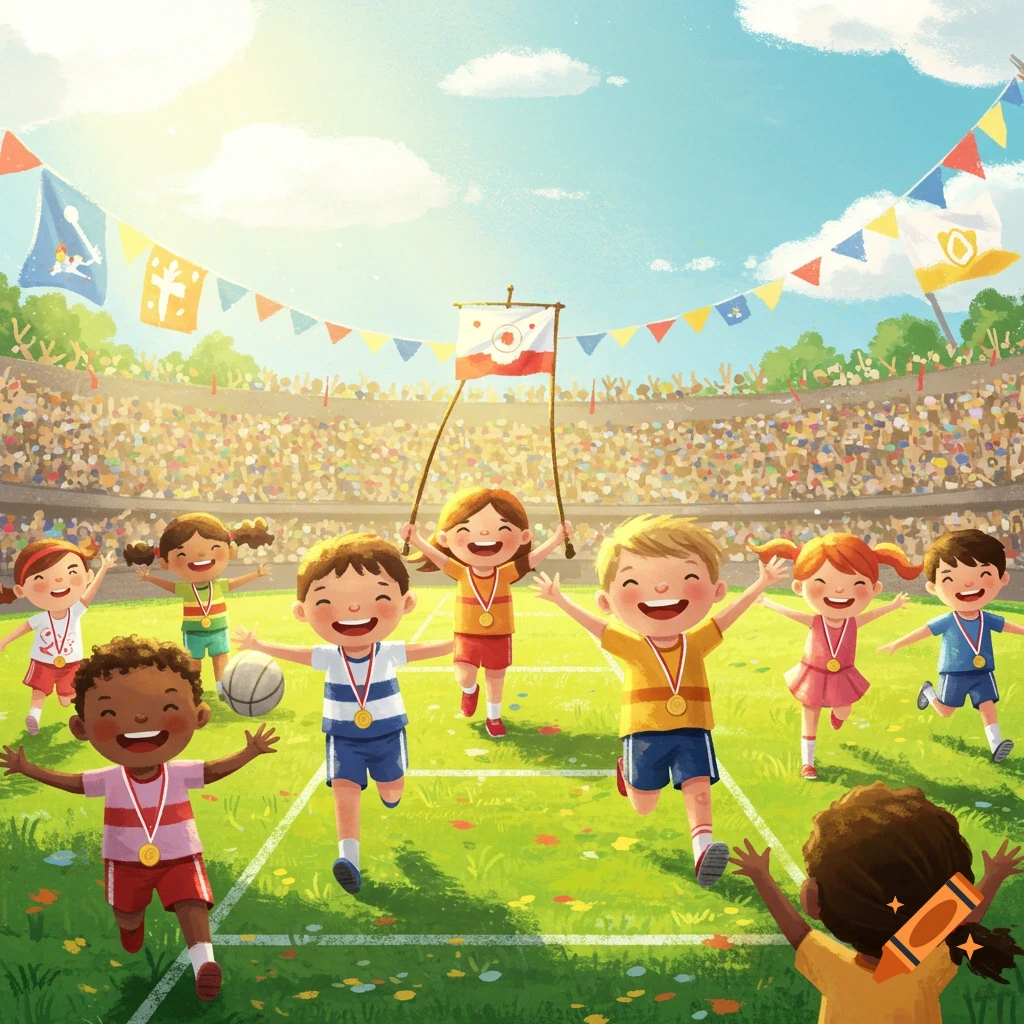 Cheerful illustrated children wearing medals run a race in a sunny stadium with a cheering crowd.
