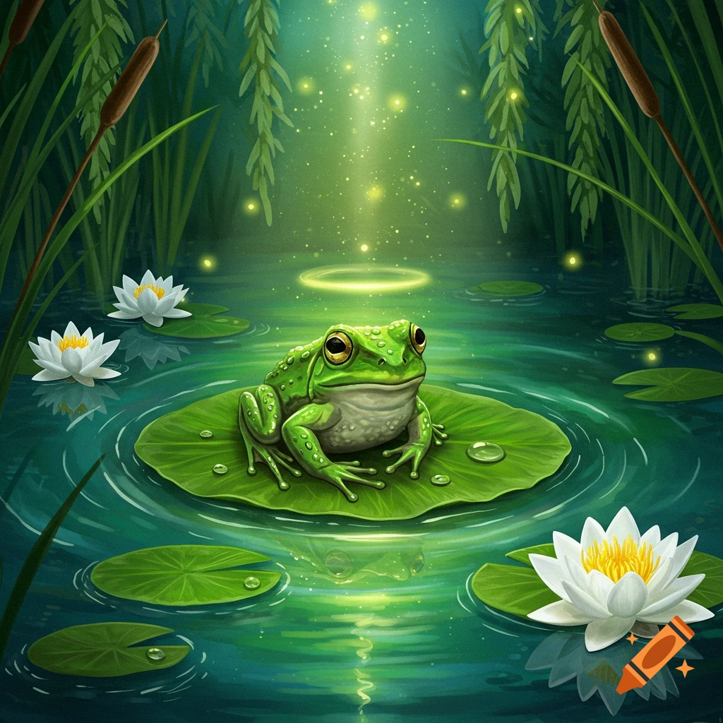 Illustrated green frog sitting on a lily pad in a mystical pond with water lilies, cattails, and glowing light.