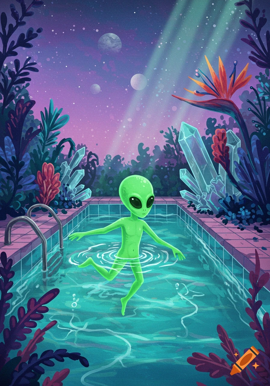 A cartoonish green alien with large black eyes wades in a bright blue swimming pool surrounded by alien plants and crystals under a starry, purple-pink sky with moons.