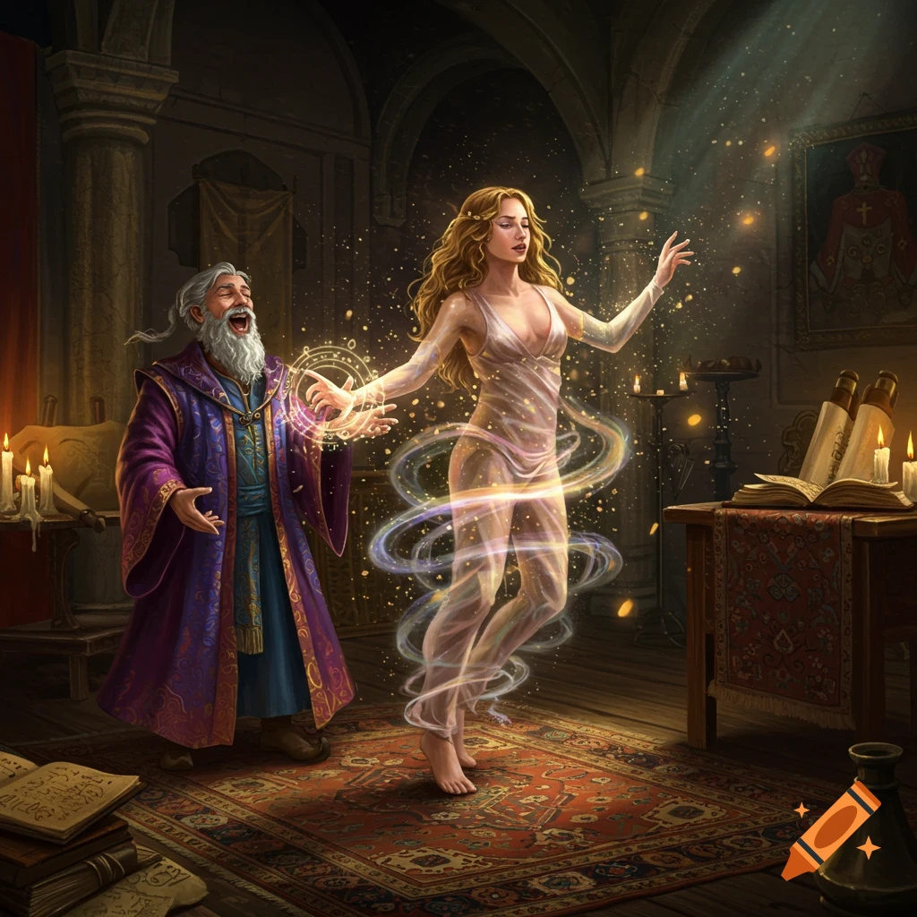 An old wizard in purple robes laughs while casting a spell on a glowing, translucent woman in an ancient, candlelit chamber. Photorealistic fantasy art.