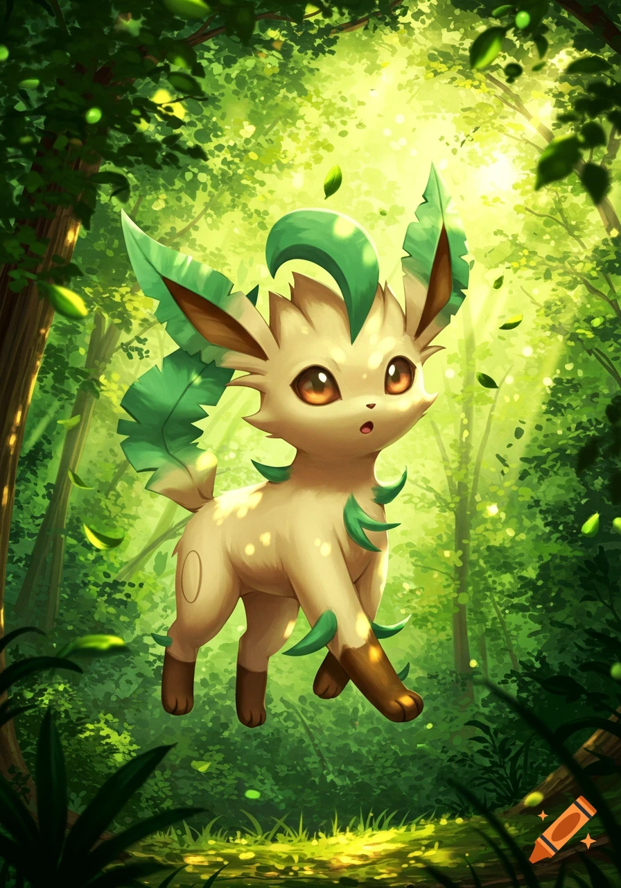 A cute Leafeon stands in a sun-dappled green forest, looking surprised.