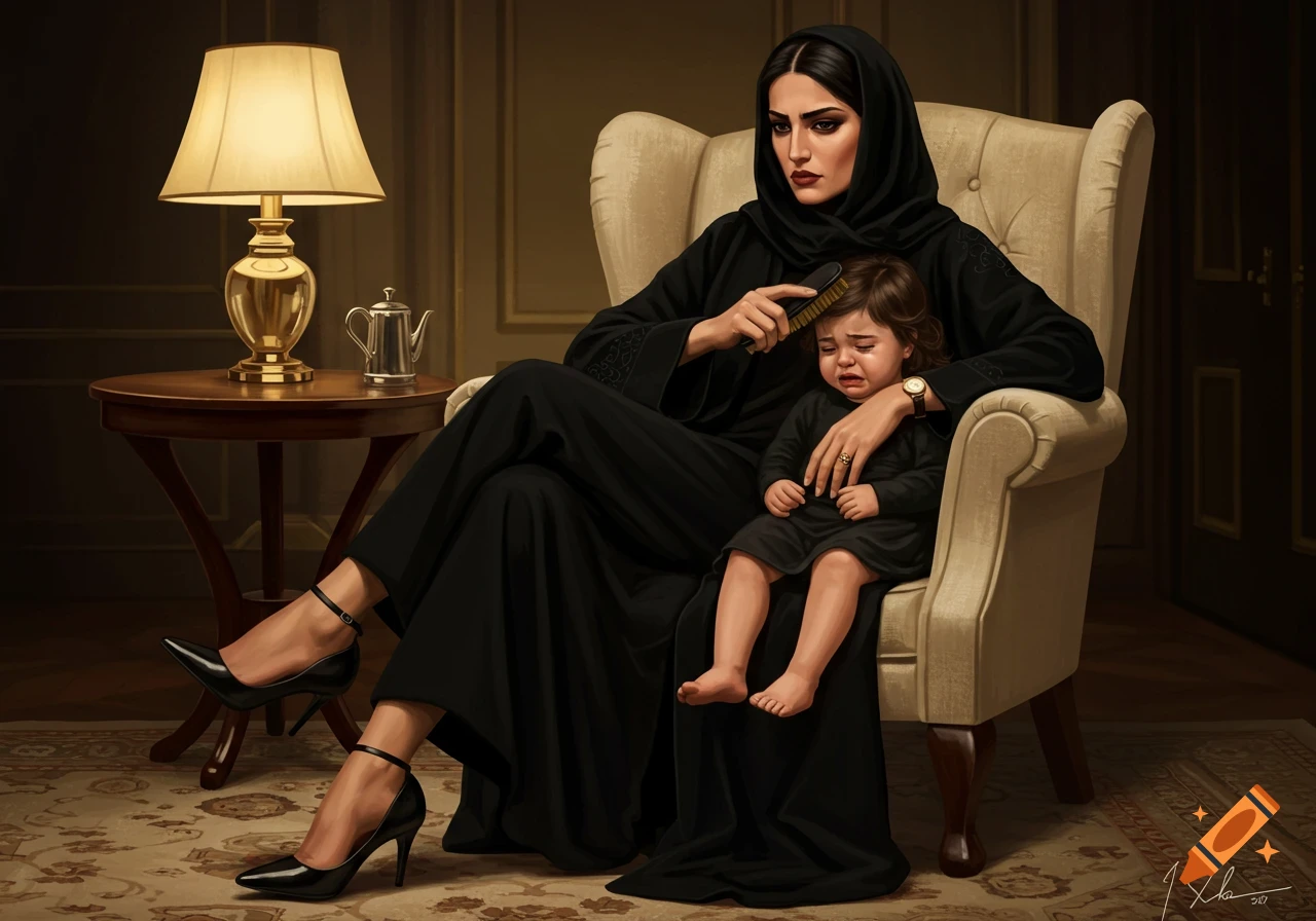 A serious woman in black abaya and hijab brushes her crying child's hair while sitting in an armchair in a dimly lit room. Photorealistic art.