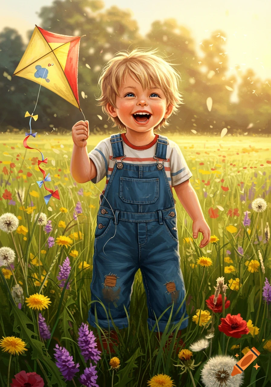 A joyful little boy with blonde hair holds a yellow and red kite in a sunny field of colorful wildflowers.
