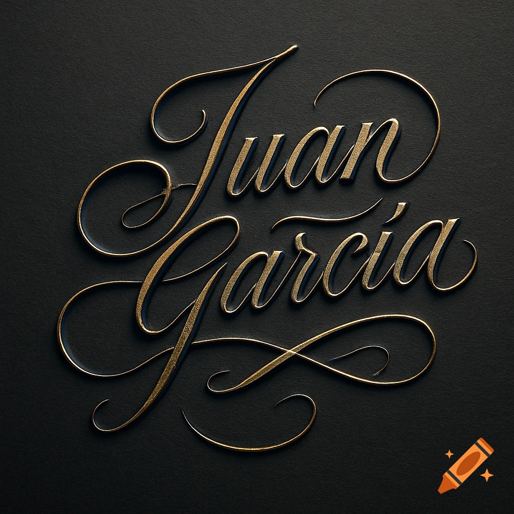 Elegant golden cursive text 'Juan Garcia' on a dark, textured background.