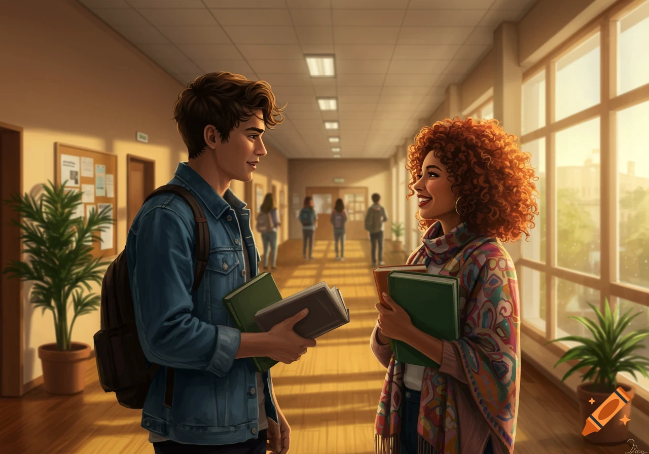 Digital illustration of two smiling students holding books and talking in a sunlit school hallway.