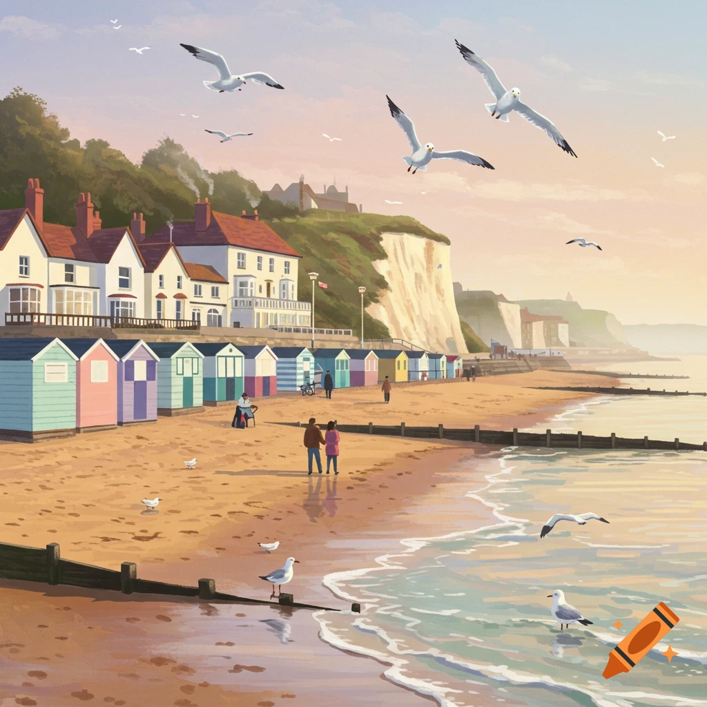 A vibrant illustration of a bustling seaside town. Colorful beach huts line the sandy shore as people walk, with seagulls flying above cliffs in the background.