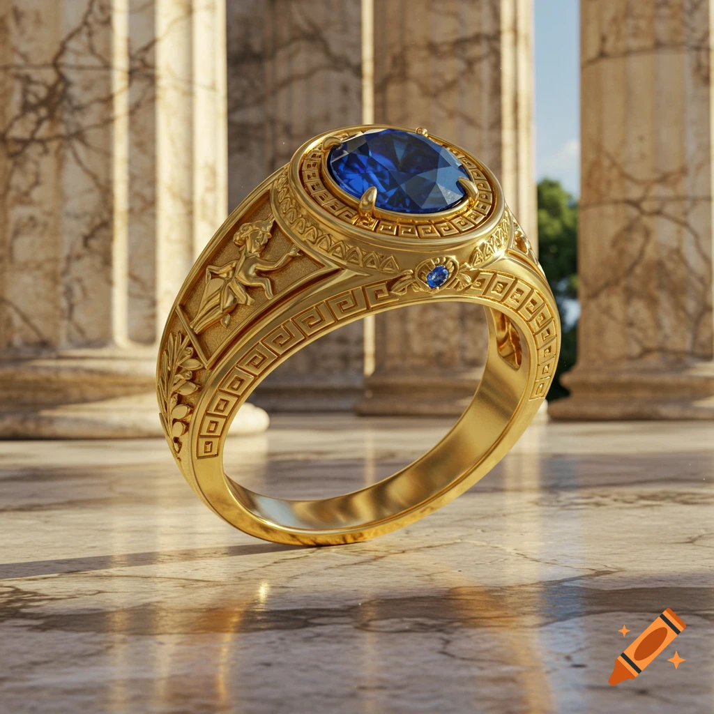 A gold ring featuring a large oval blue sapphire, intricate Greek key patterns, and a carved figure, against a background of ancient columns.