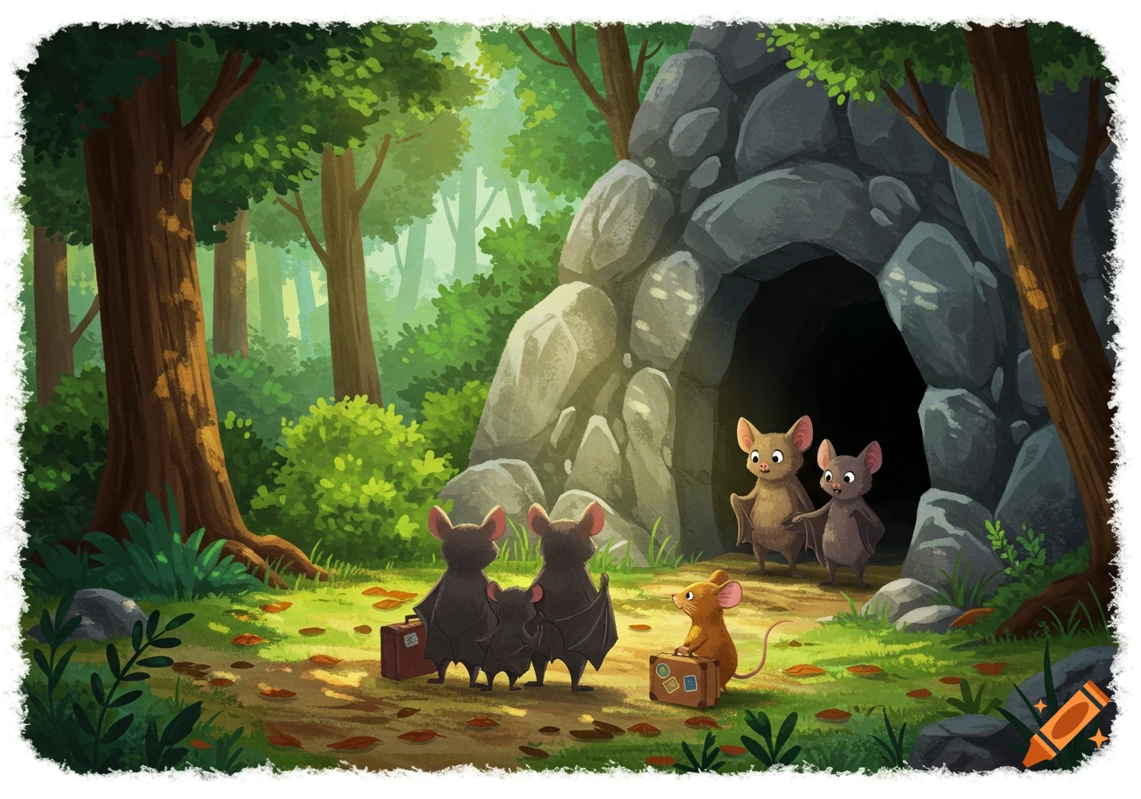 A cartoon forest scene features a family of bats and a dormouse with suitcases waiting in front of a dark cave entrance.