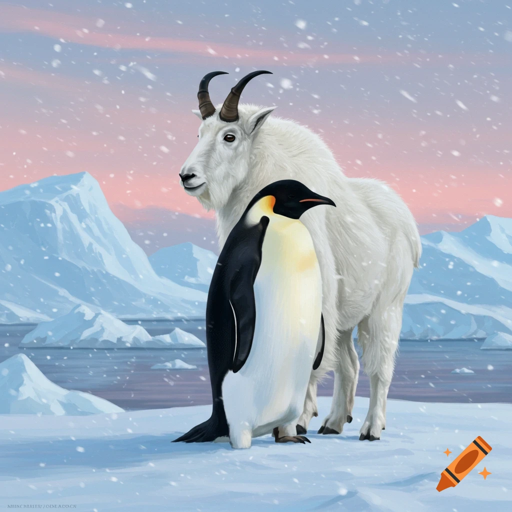 A white mountain goat and an emperor penguin stand in a snowy, icy landscape under a pink and blue sky, with snow falling.