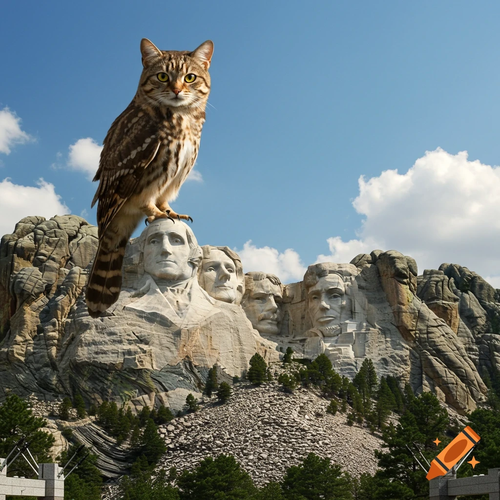 A giant meowl, a cat-headed owl, perches on George Washington's face on Mount Rushmore under a clear blue sky.