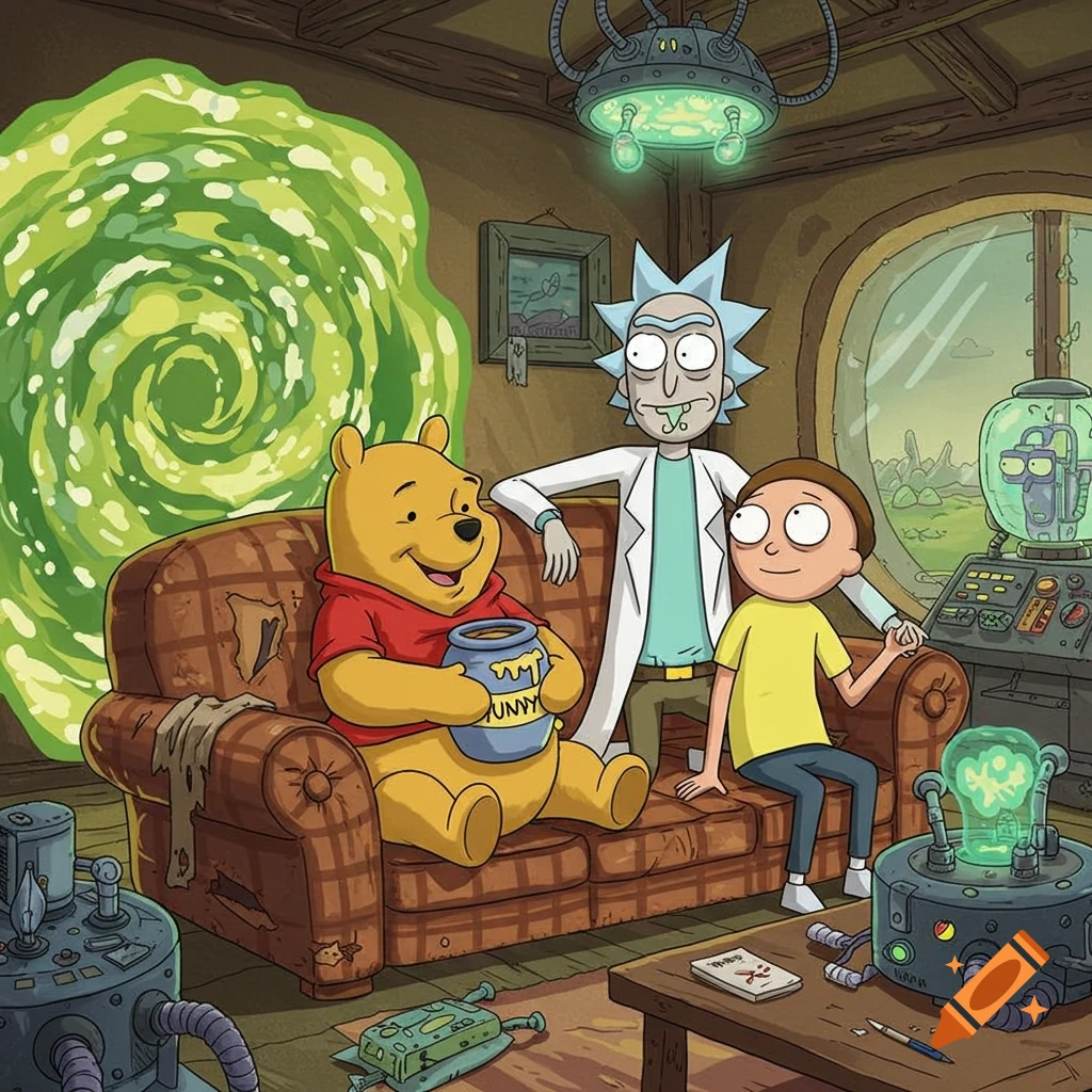 Winnie the Pooh sits on a couch holding a honey pot, flanked by Rick and Morty in their cartoon living room.