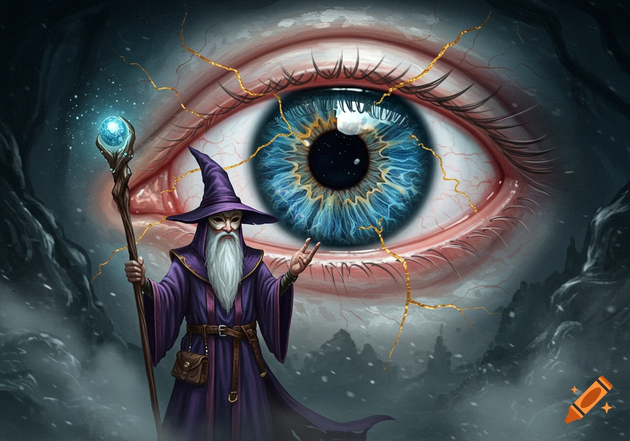 A purple-robed wizard with a white beard holds a glowing staff before a giant, cracked eye with a swirling blue and gold iris in a snowy landscape.