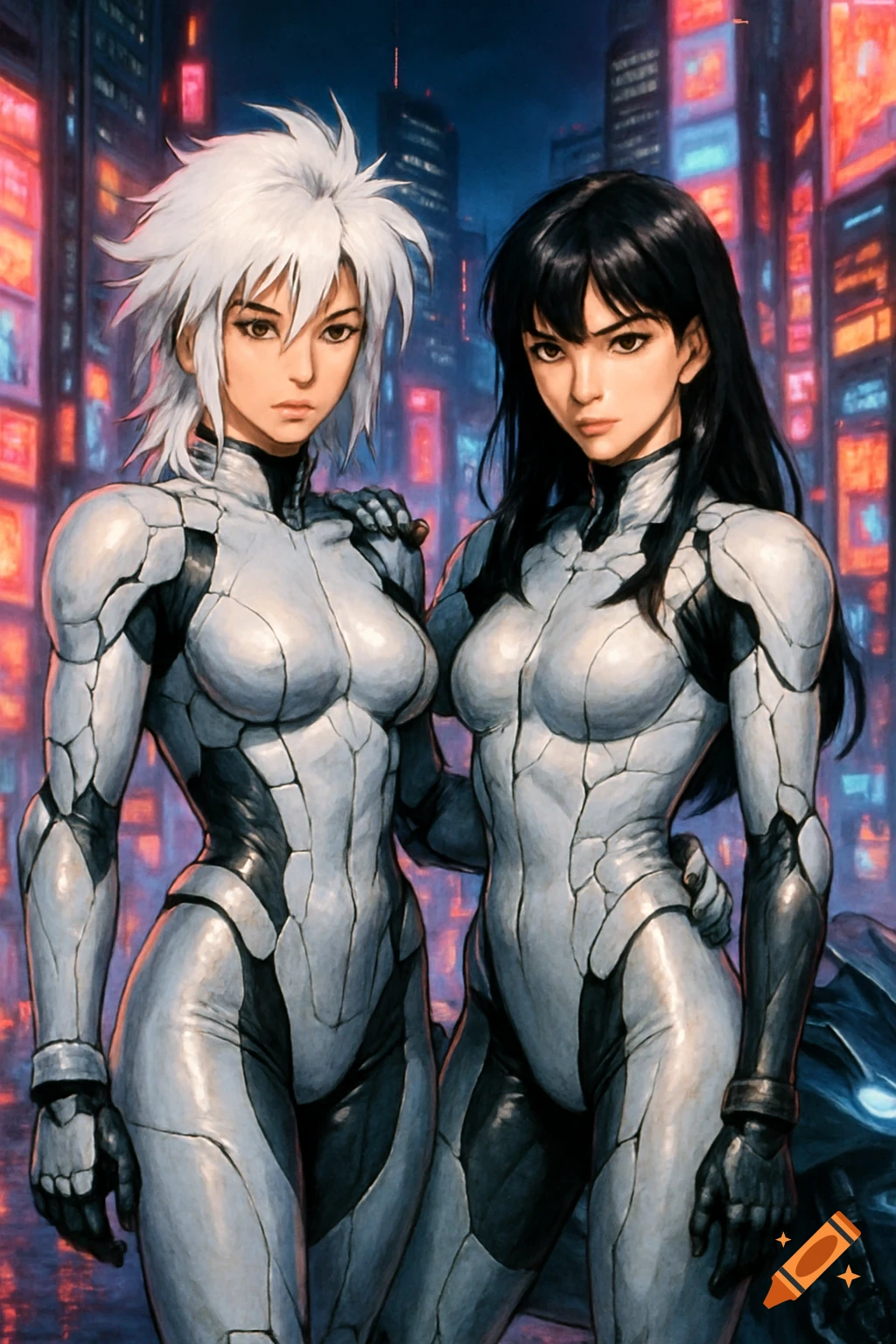 Two anime women in futuristic combat suits stand in a glowing cyberpunk city.