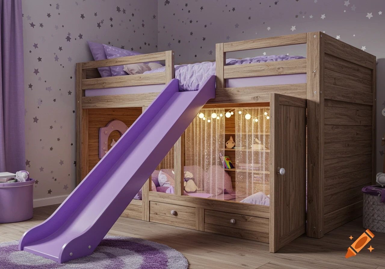 A photorealistic bunk bed with a purple slide, a secret room underneath with string lights, and star-patterned wallpaper.