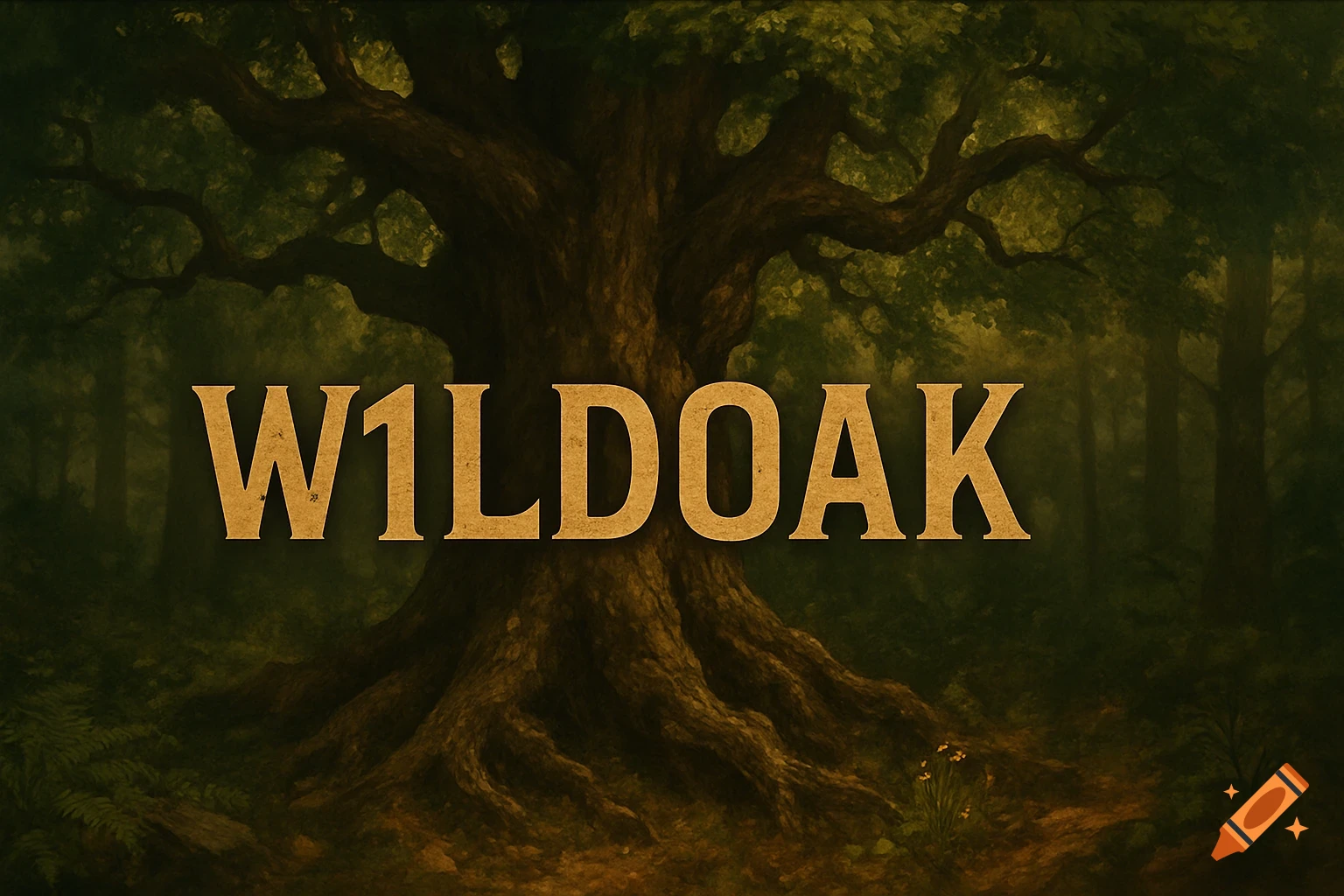 A large, ancient oak tree with gnarled roots stands in a dark, stylized forest. The word 'W1LDOAK' is prominently displayed in golden letters across the foreground.