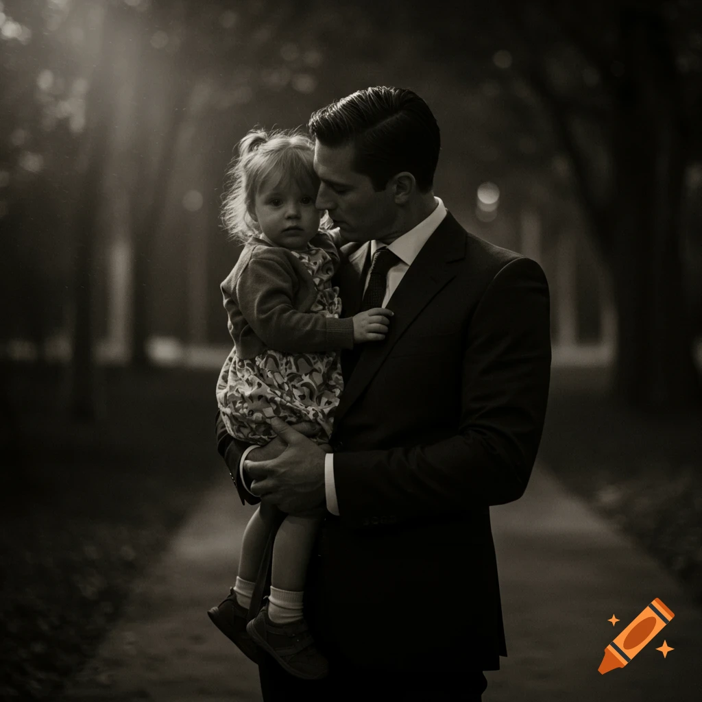 A stylish man in a dark suit holds a small child in a patterned dress, in a black and white, cinematic portrait.