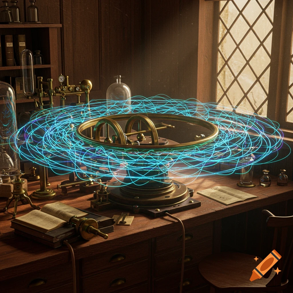A detailed Victorian laboratory with a brass apparatus generating glowing blue electromagnetic field lines above a wooden desk.